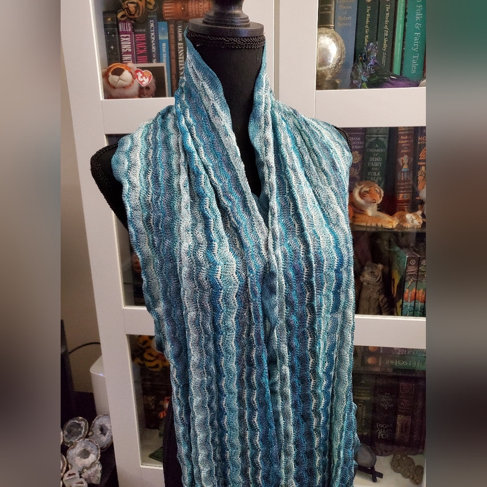 Fan Stitch Lightweight Scarf, Blue and Gray